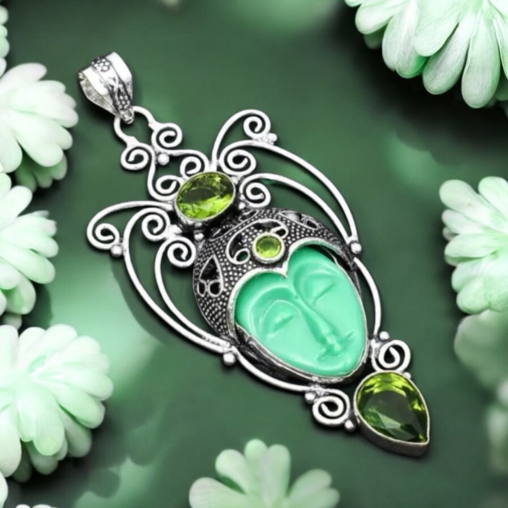 Bali Carved Stone Green Goddess Face with Peridot  Filigree